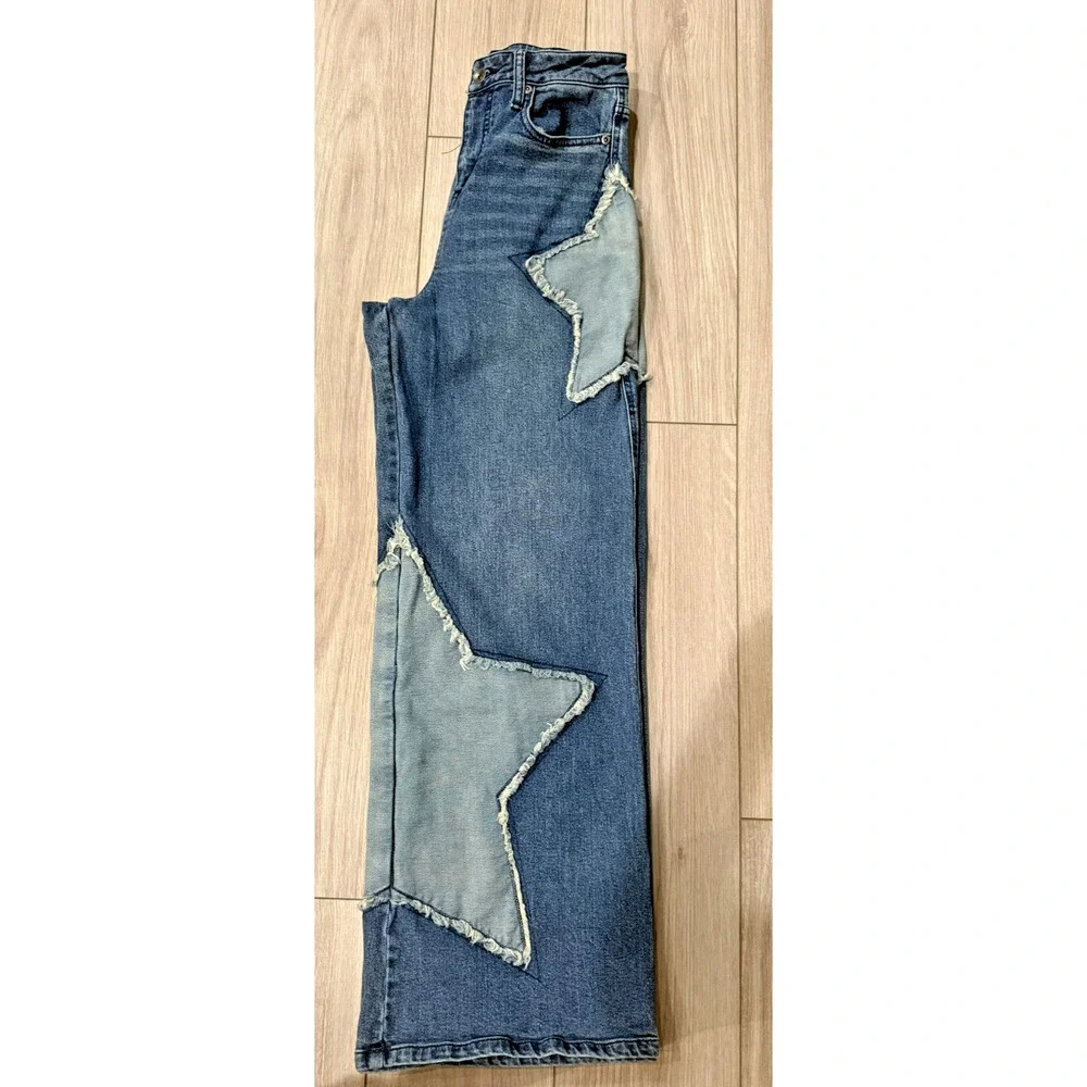 Hot Topic Star Patchwork Wide Leg Blue Denim Jeans Skate Alt Y2K Retro size 5